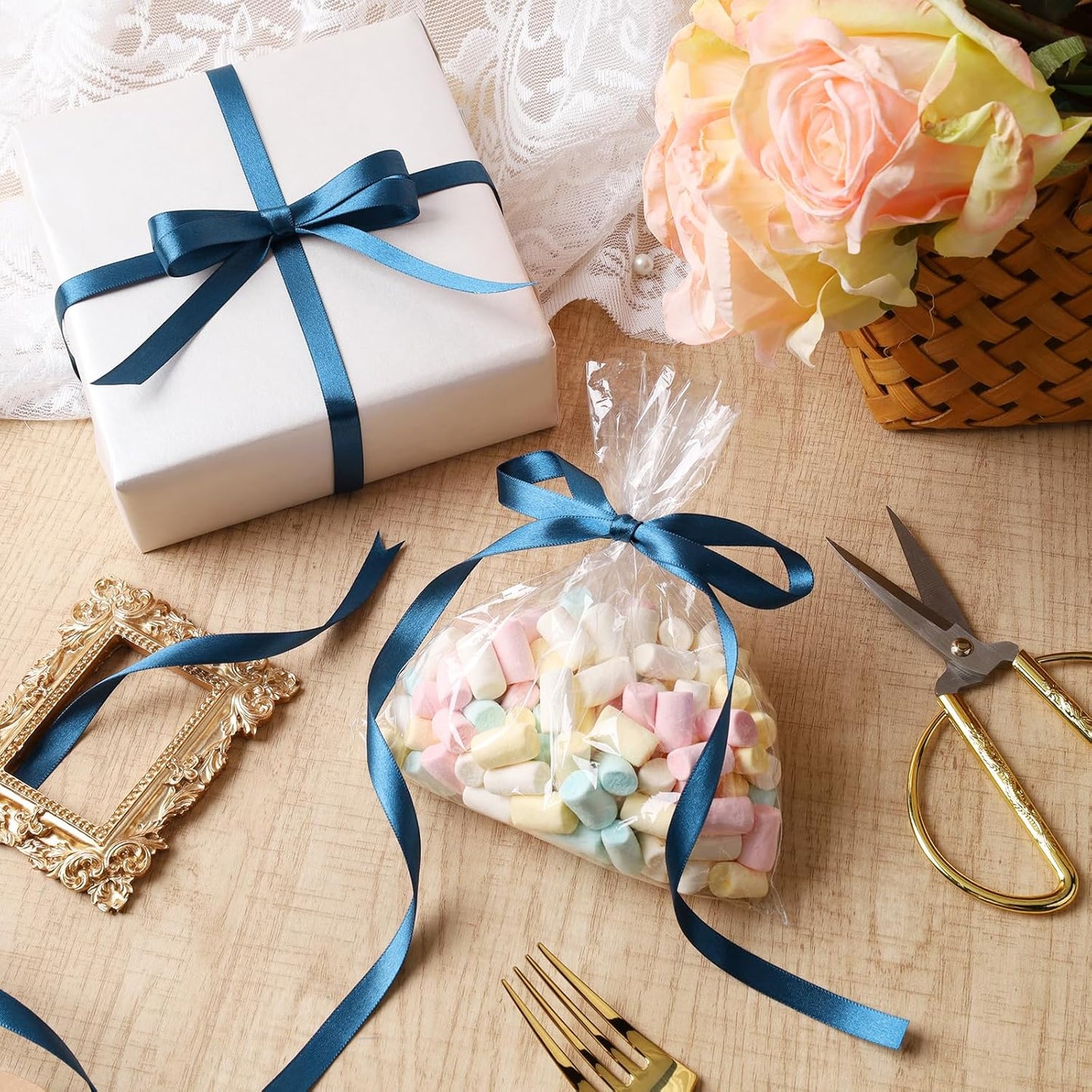 LaRibbons Navy Satin Ribbon 3/8 Inch 25 Yards Luxury Double Faced Blue Silk Ribbon for Flower Bouquet Crafts Gift Wrapping Wedding Party Graduation Decoration