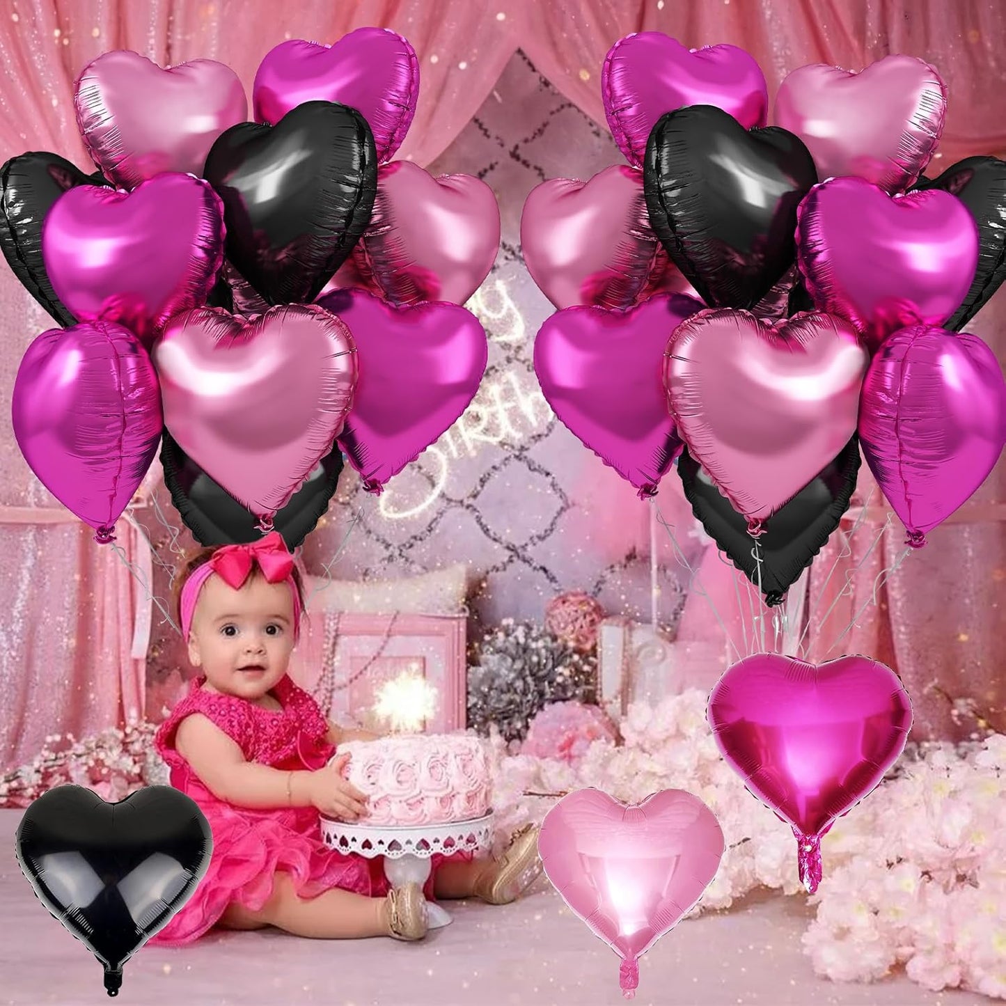 Pink Black Heart Foil Balloons, 12Pcs 18 Inch Hot Pink and Black Heart Shaped Foil Helium Balloon Party Decorations for Girls Women Princess Birthday Baby Shower Bridal Wedding Bachelorette