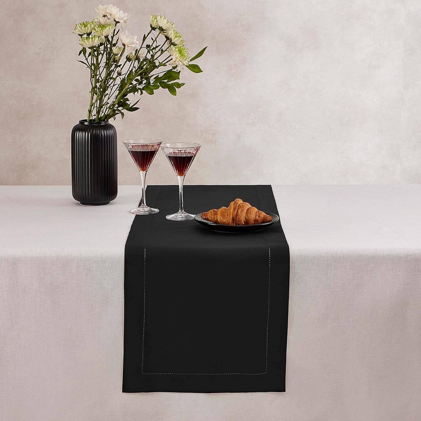 Black Table Runner 36 Inch – Cotton Linen Hemstitch Farmhouse Table Runner 14x36 – Washable Fabric for Fall, Halloween, Thanksgiving, Everyday Dining & Décor – Serena