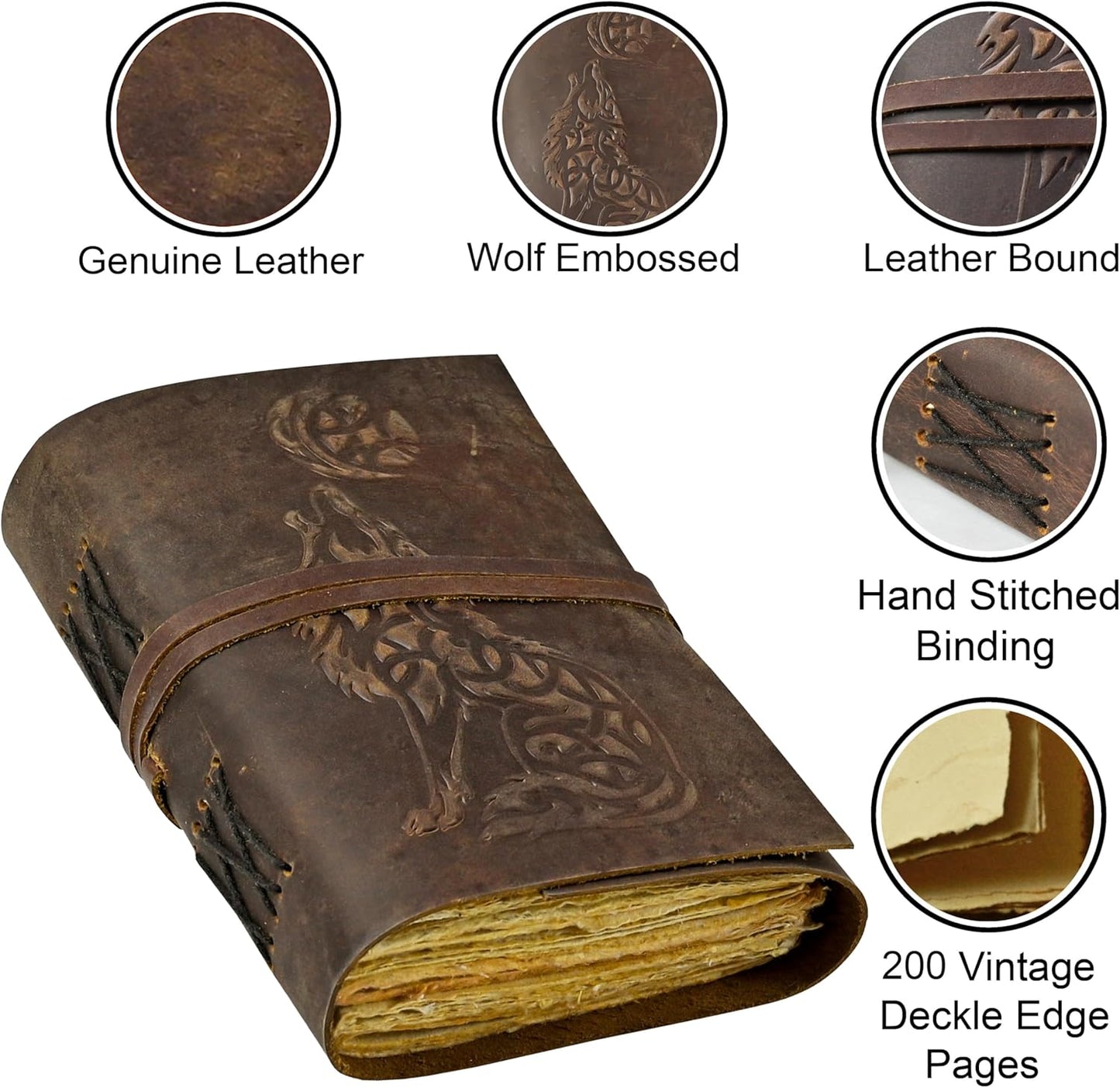 Urooj Handicraft Wolf Leather Journal Book of Shadows Notebook Handmade Daily Notepads for Men & Women Blank Paper 7x5 Inches - Best Gift for Art Sketchbook & Notebook