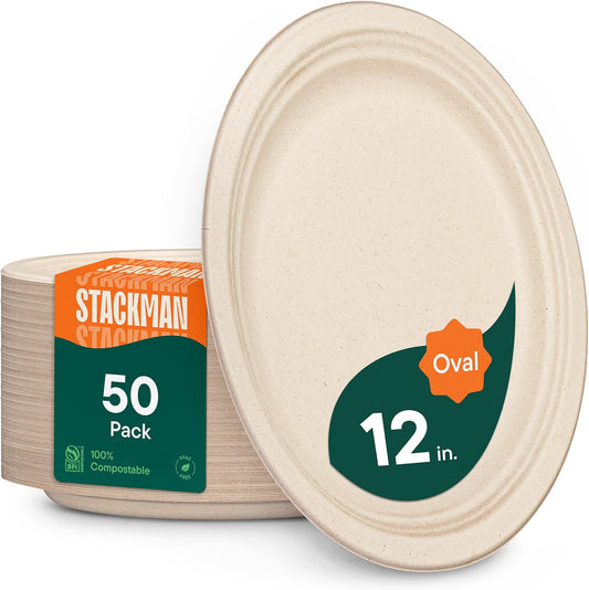 100% Compostable Oval Paper Plates [50-Pack] - {PFAS-Free} - {BPI Certified} - [12 Inch] Heavy Duty, Eco-Friendly, Biodegradable Bagasse Platters - Natural Brown 12" Oval Platter Plates by Stack Man
