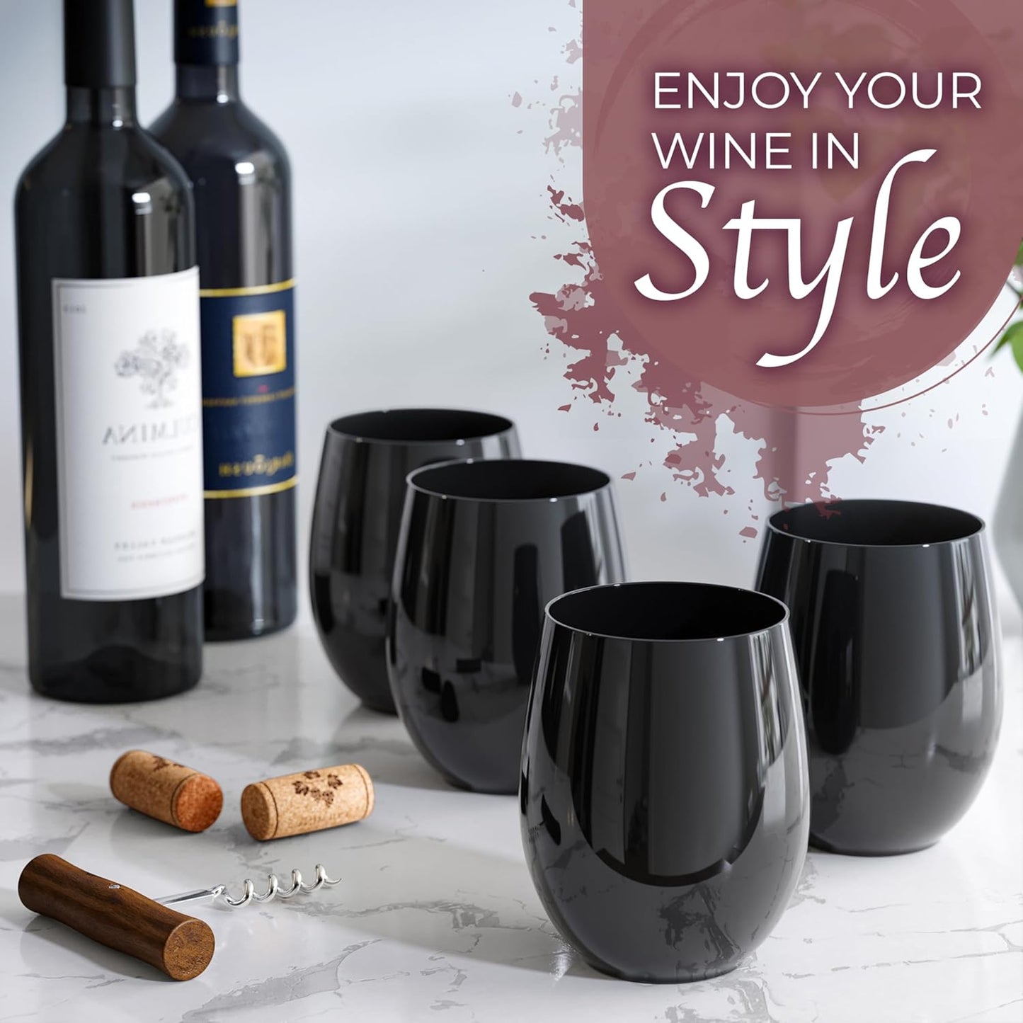 Exquisite 24 Pcs Unbreakable Stemless Plastic Wine Glasses Disposable Wine Glasses Stemless 12 Oz Black Plastic Cocktail Cups Black Party Cups Disposable Cocktail Glass Weddings & Events