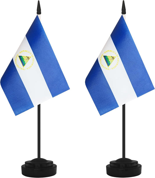 2 Pack Nicaragua Desk Flag Set, Nicaraguan Desktop Small Miniature Table Office Flag with 12" Black Pole and Black Base, Offices, Classroom, Home, Festival Decoration (Nicaragua)