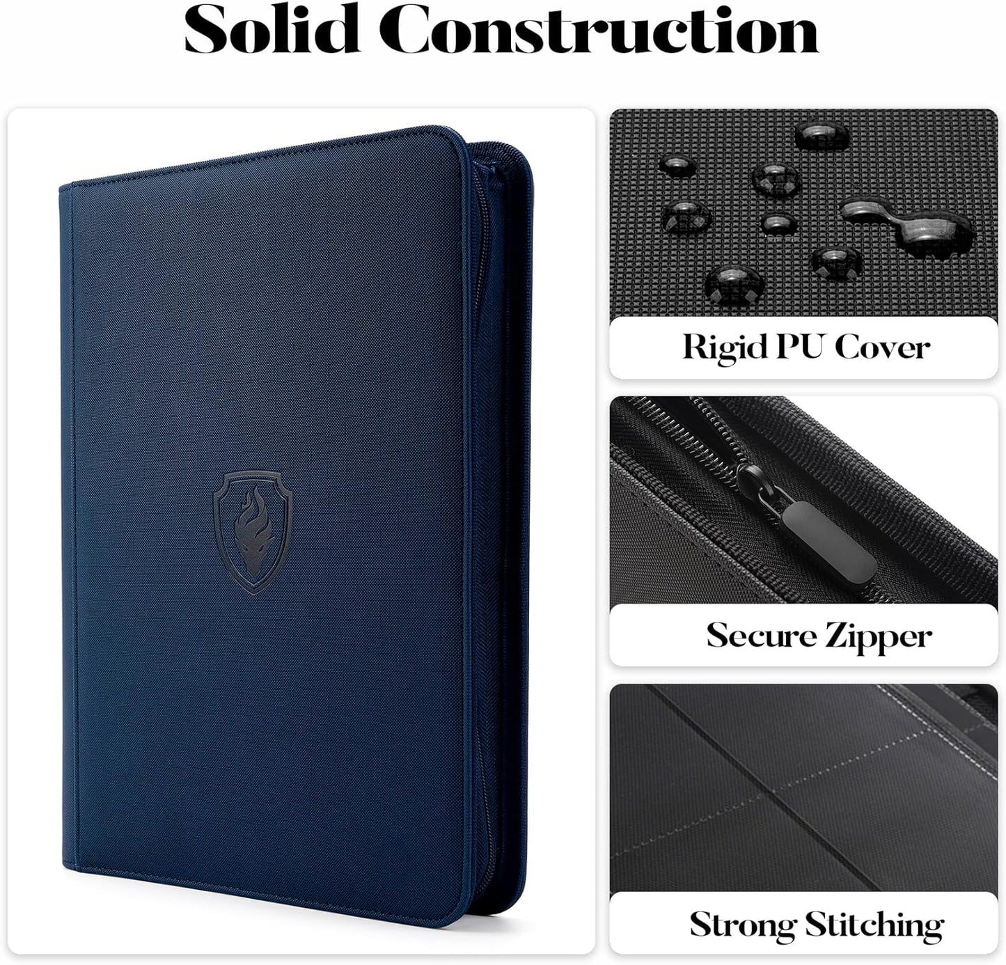 360 9 Pocket Zipper Binder - Premium PU Cover Zip Binder for Trading Cards, MTG, TCG, Sports Cards, Navy Blue