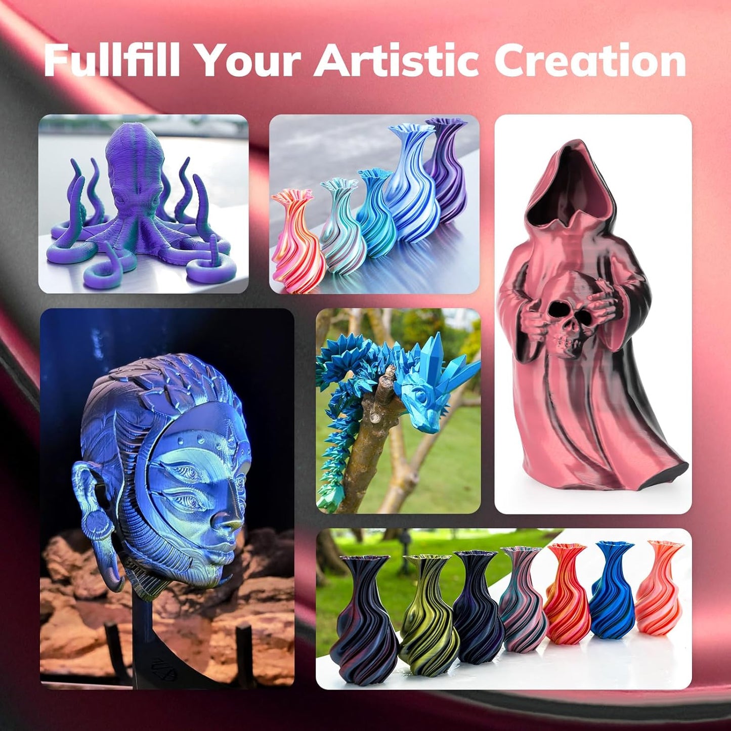 AMOLEN Silk PLA 3D Printer Filament, Dual Color Pink Black PLA 1.75mm, Shiny Color Change Filament 3D Printing PLA Filament for Most FDM 3D Printer, 1kg Spool(2.2lbs)