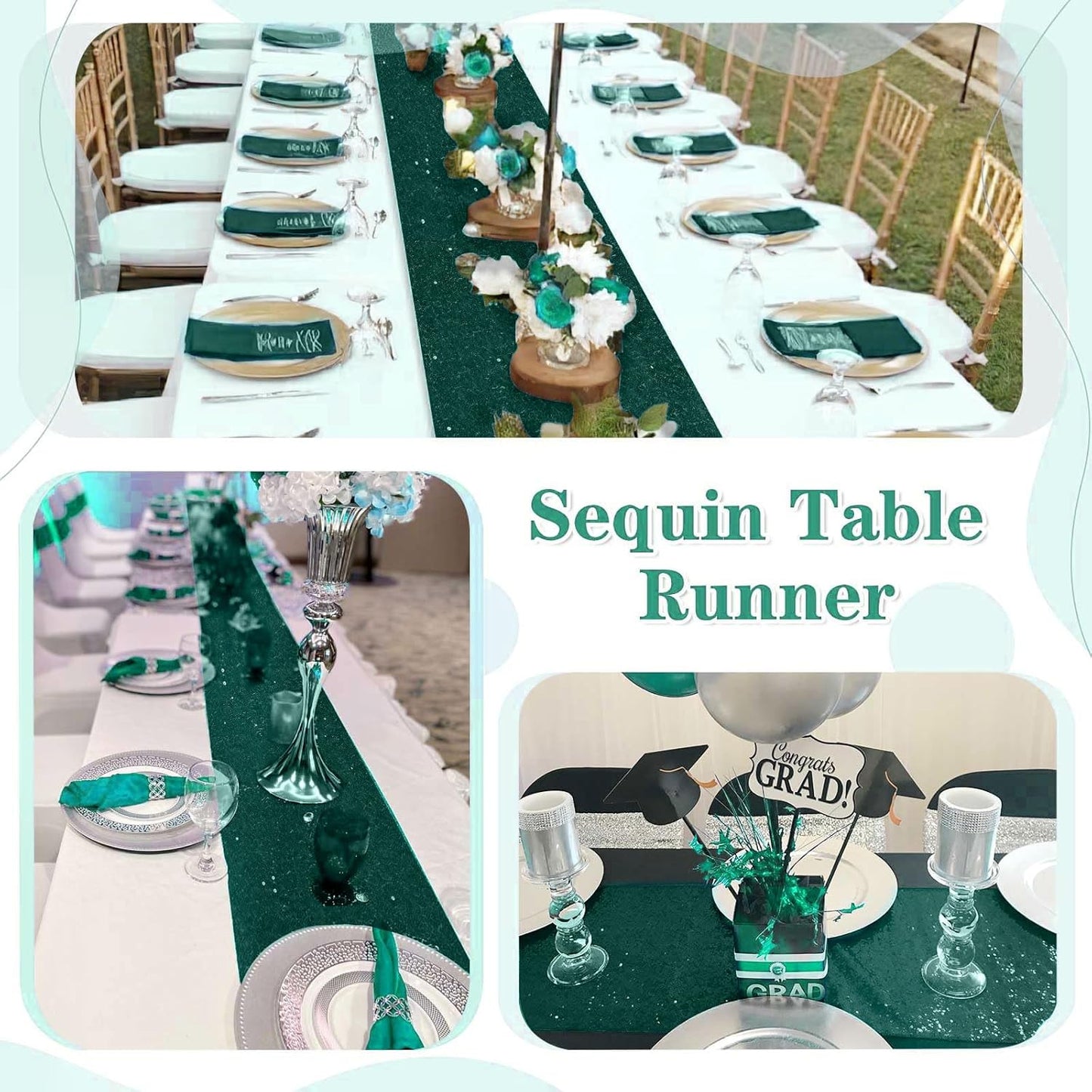 Sequin Table Runners 10 Pieces Emerald Green Table Runners 12x72 Inch Glitter Dining Table Cover for Party Wedding Birthday Reception Banquet Decoration Spring Party Chair Sashes