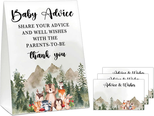 Woodland Baby Shower Game, Jungle Animal Safari 50 Baby Advice Cards with 1 Standing Sign for Gender Neutral Baby Shower - A03