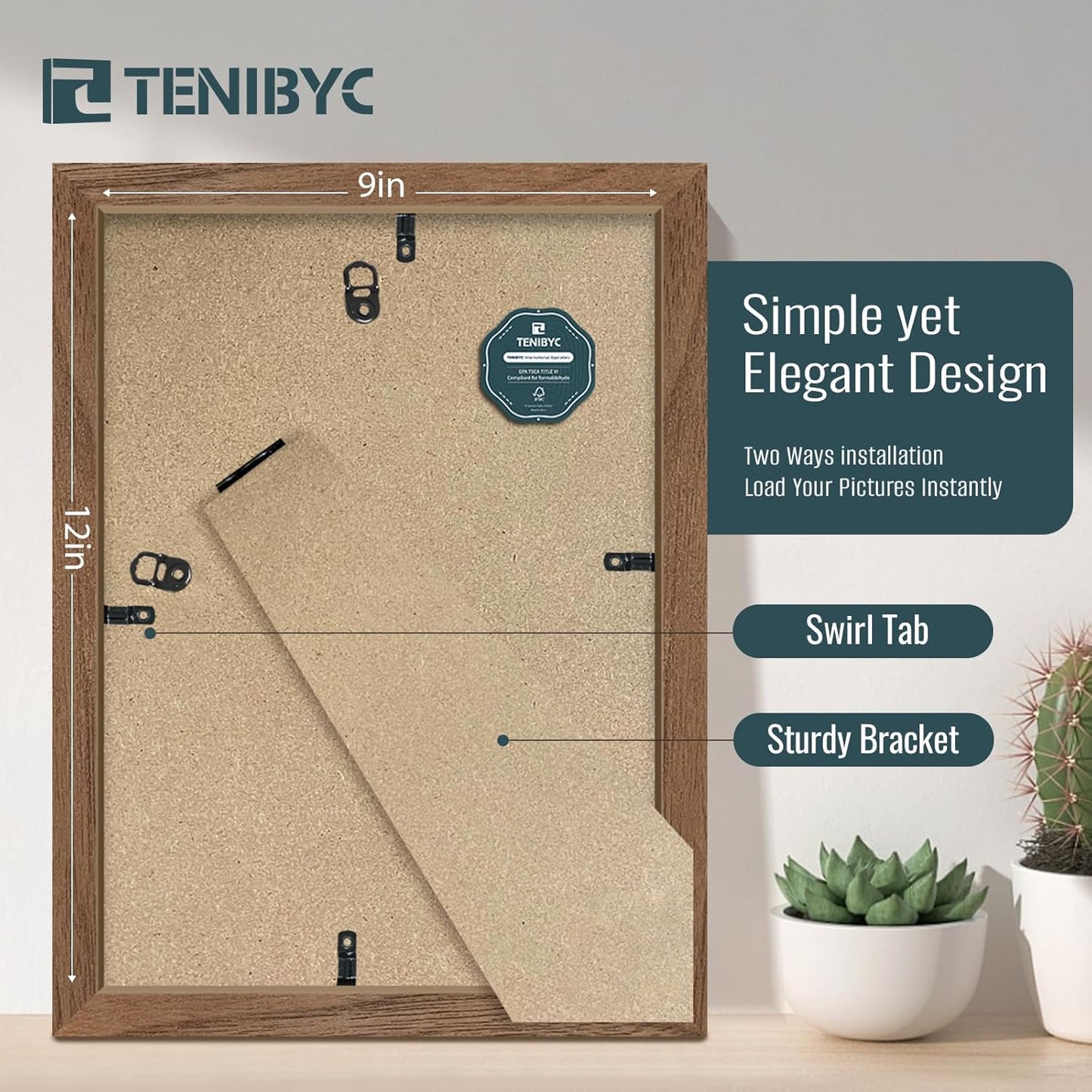 9x12 Frame 4 Pack - Brown Woodgrain, HD Tempered Glass, Natural Walnut Picture Frame 9 x 12, Table or Wall Display