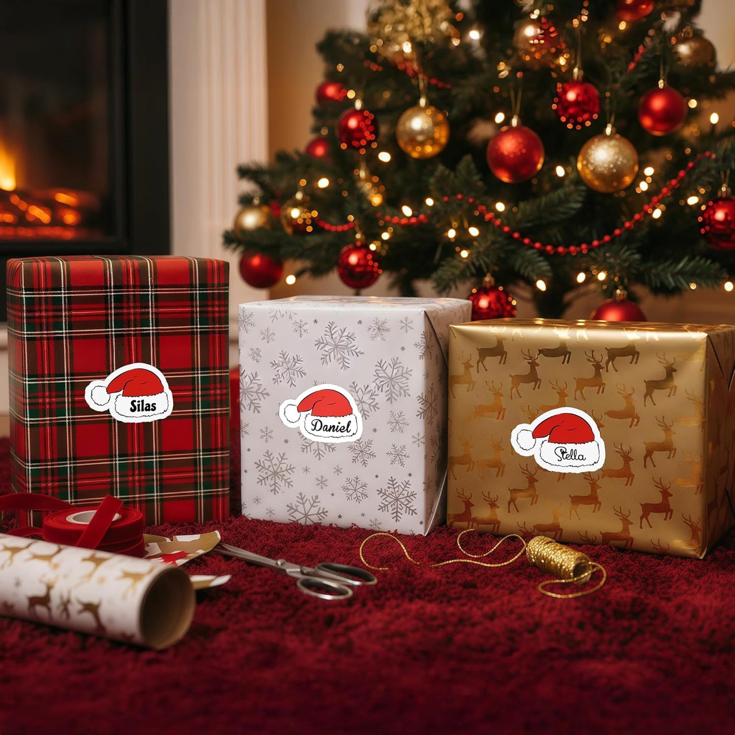 Personalized Christmas Stickers, Custom Name Waterproof Christmas Gift Tags for Gift Box Holiday Decorations, Stockings, Party Favors (Cute Santa Hat)