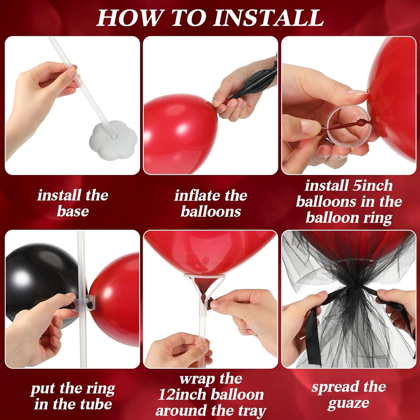 BBTO 8 Set Table Centerpieces Balloons Stand Kit, 80 Pcs Latex Balloons and Table Stand Holder with Base Tulle for Wedding Birthday Baby Shower Party(Black and Pomegranate Red)