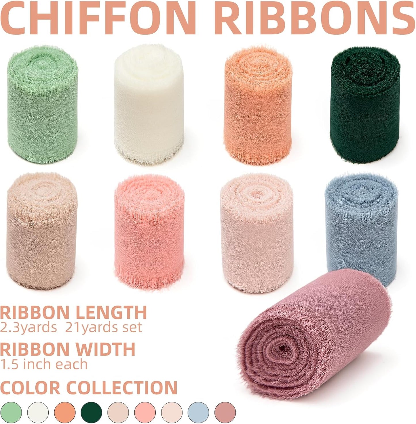 9 Rolls Multicolour Handmade Chiffon Ribbon,1.5" x 21Yd Frayed Fringe Silk Ribbons (9 Rolls *2.3Yd) for Gifts Wrapping, Wedding Invitations, Bridal Bouquets, Decorations