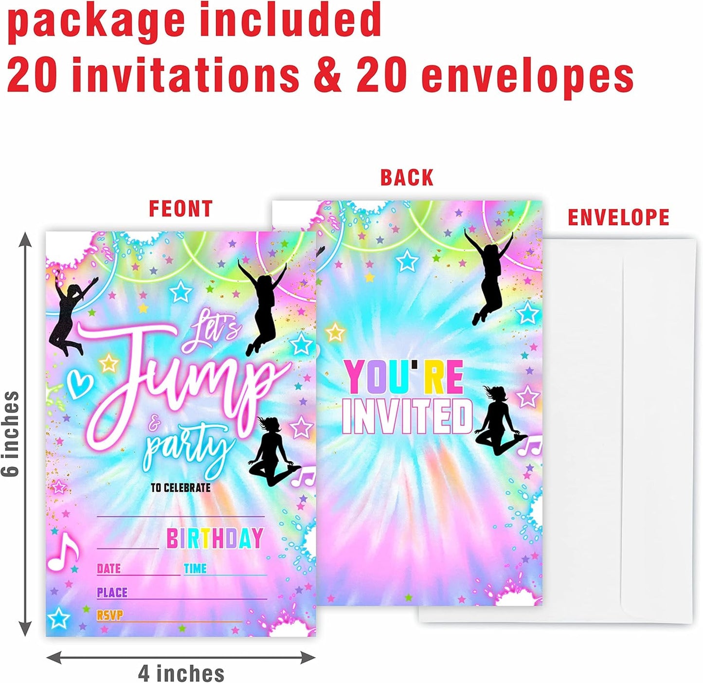 Tie Dye Trampoline Birthday Invitations,Let's Jump! Birthday Party Invite Cards（20 Count) With Envelopes, Fill In Style Invite Cards For Boys & Girls, Birthday Party Supplies-B06