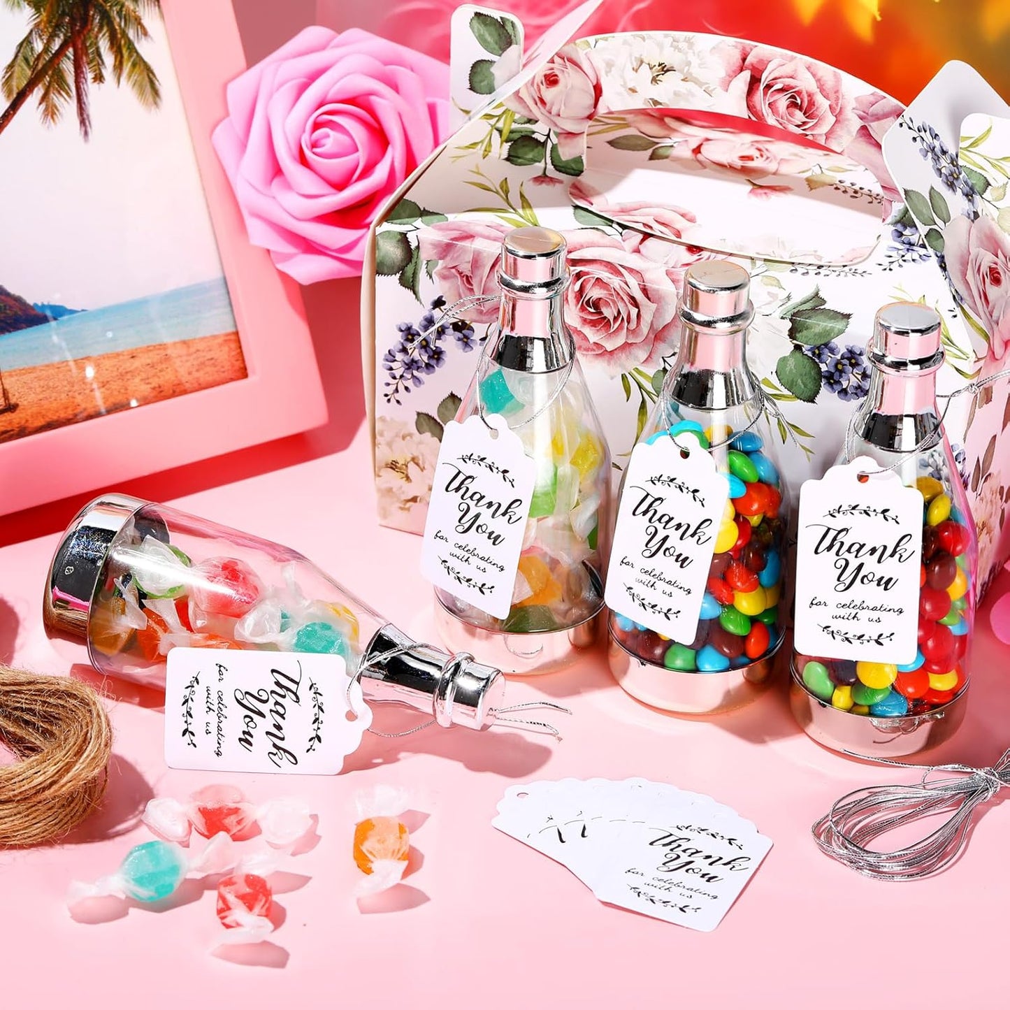 Gerrii 100 Pcs Silver Champagne Bottle Container Set, Mini Champagne Candy Bottles Plastic DIY Favor Candy Jars with Tags Party Favor Containers for Baby Shower Bridal Wedding Birthday Party