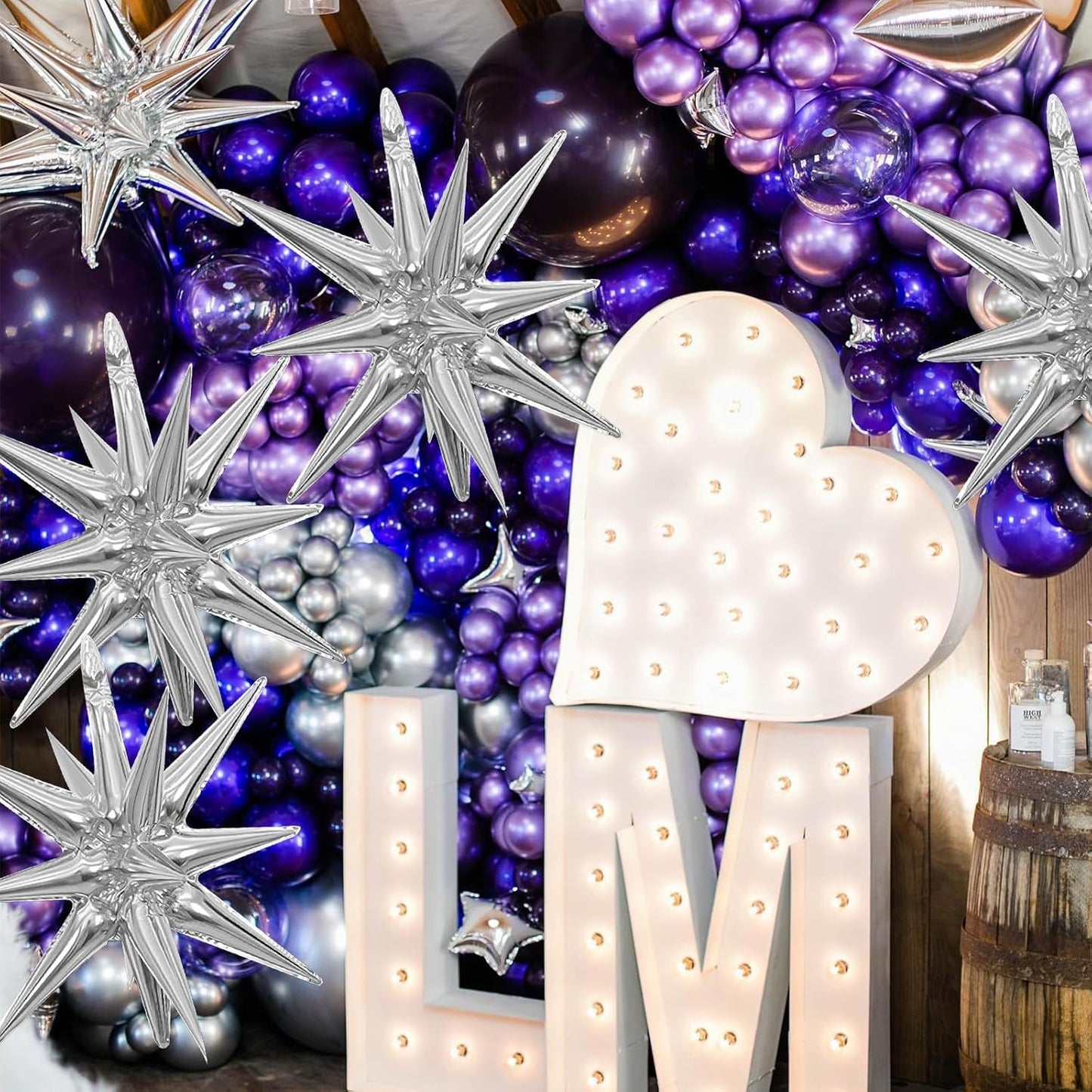 Silver Star Balloons,9Pcs 22Inch Silver Explosion Spike Cone Helium Polyester Film Star Foil Balloons for Birthday Anniversary Baby Shower Wedding New Year Disco Party Decorations