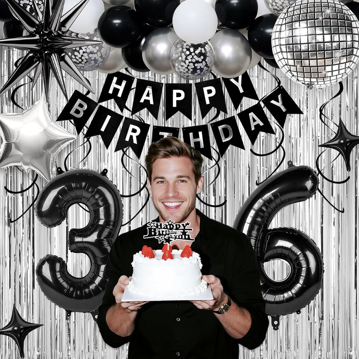 36th Birthday Decorations for Men Women, Black Silver Happy Birthday Party Decorations， 36 Year Old Party Supplies with Number 36 Balloons, Banner, Fringe Curtains Kit