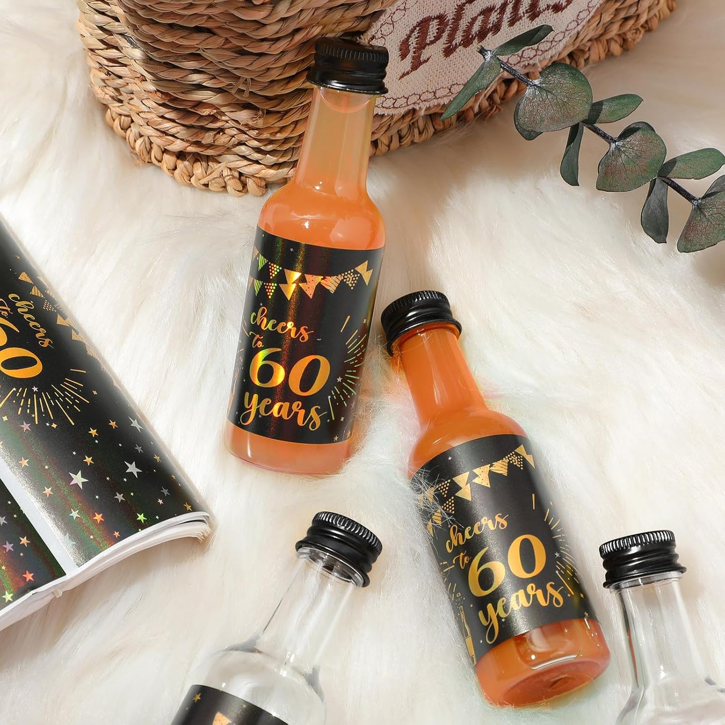 Vesici 50 Pack Mini Liquor Bottles 1.7oz Shot Mini Wine and Champagne Bottle Birthday Sticker with 2 Funnels Birthday Party Favor for Adult Guest Women Men Anniversary Celebration(Cheers to 60 Years)