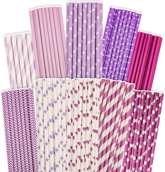 Purple Paper Straws for Drinking Purple Disposable Straws 150pcs Disposable Straws Bulk（10 Pattern） qiqee