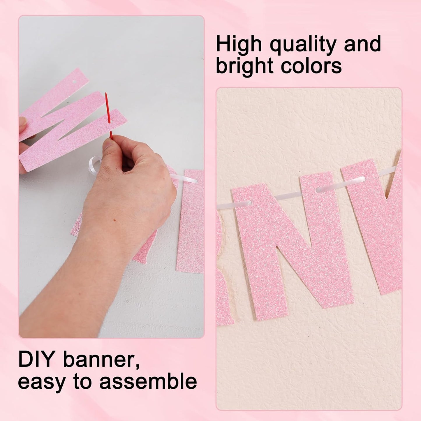 BEISHIDA 116 PCS Glitter Dark Pink DIY Letter Banner Kit Make Your Own Banner，Including 111 Letters and Numbers 3 Rope and 5 Threading Device,Customized for Birthday Graduation Wedding Party Decor