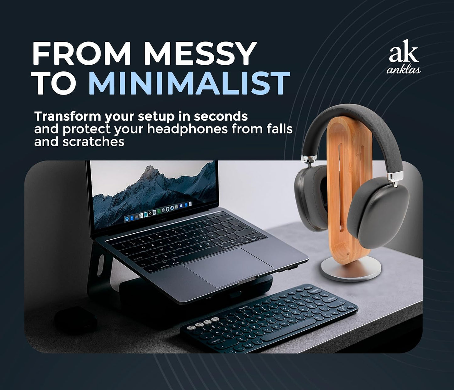 Headphone Stand for Desk – Premium & Minimalist Headset Holder with Round or Oval Base for Gaming, Office & Home (Bamboo, Oval)