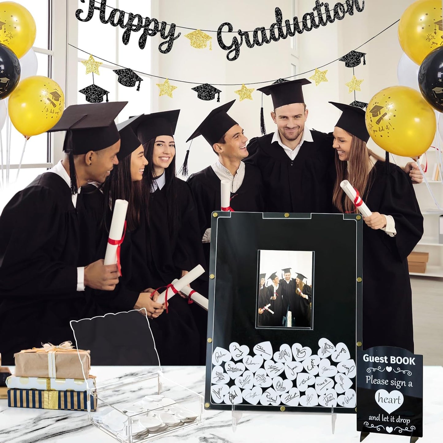 AerWo Wedding Guest Book Alternative, Acrylic Guest Book Wedding Reception Wedding Heart Guest Book Drop Box with Picture Frame,100 Acrylic Hearts,Wedding Signs for Graduations Baby Shower Anniversary