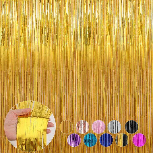 4 Pack Gold Foil Fringe Curtains Door Streamers Party Decorations 3.3 x 8.2 ft, Gold Tinsel Curtain Fringe Backdrop for Parties, Door Fringe Birthday Streamers, Photo Booth Backdrops, Party Decor