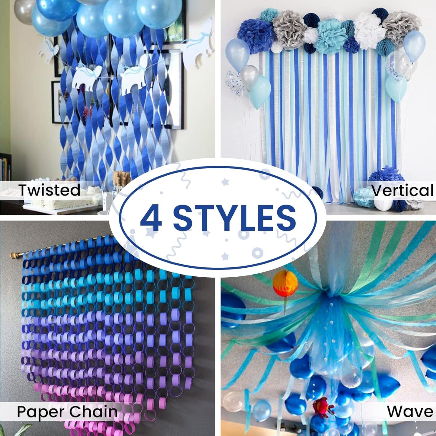 PartyWoo Crepe Paper Streamers 4 Rolls 328ft, Pack of Blue Crepe Paper for Party, Wedding, Birthday, Baby Shower Decorations (1.8 Inch x 82 Ft/Roll)