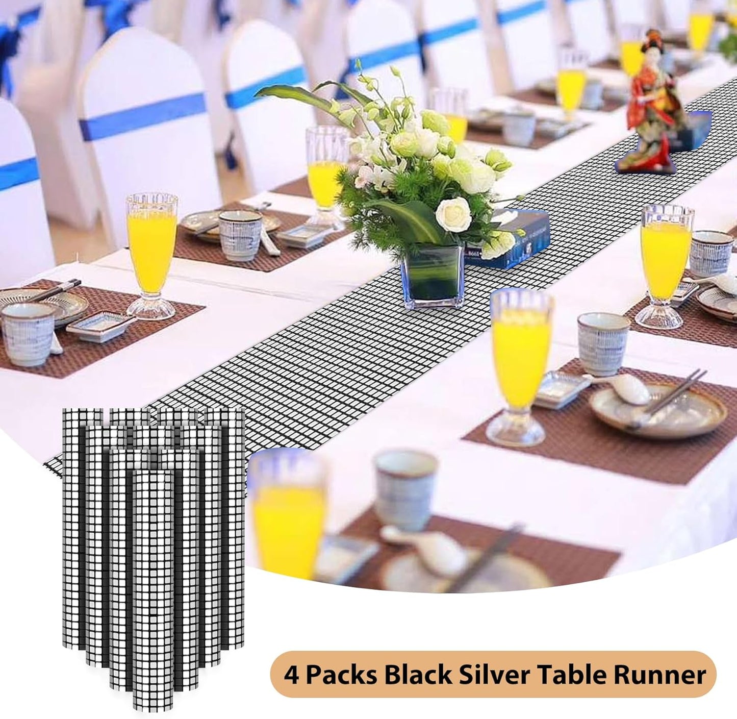 4 Packs Black and Silver Disco Table Runner, 12 x 108 Inches Mirror Glitter Sequin Table Runner Table Decor for 70s 80s Disco Party Birthday Party