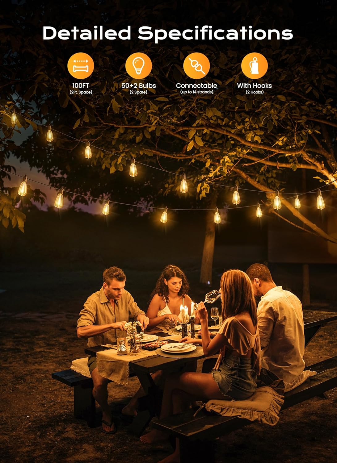 Brightown Outdoor String Lights, 100FT 50+2 LED ST38 LED Patio Lights Shatterproof, Dimmable IP65 Waterproof Connectable Hanging Outdoor Light for Backyard, Porch, Deck, Balcony