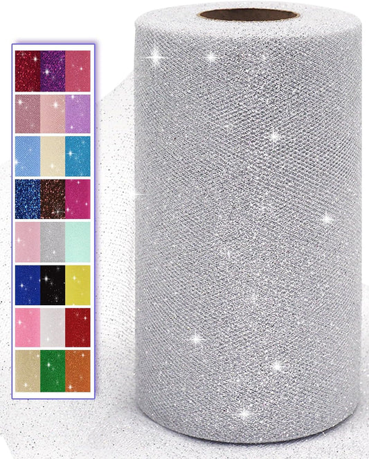 Glitter Tulle Fabric Rolls, 6 Inch 50 Yards (150ft) Sparkling Spool Ribbon Sequin Netting for Tutu Skirt Gift Wrapping Wedding Party Decoration (Silver)