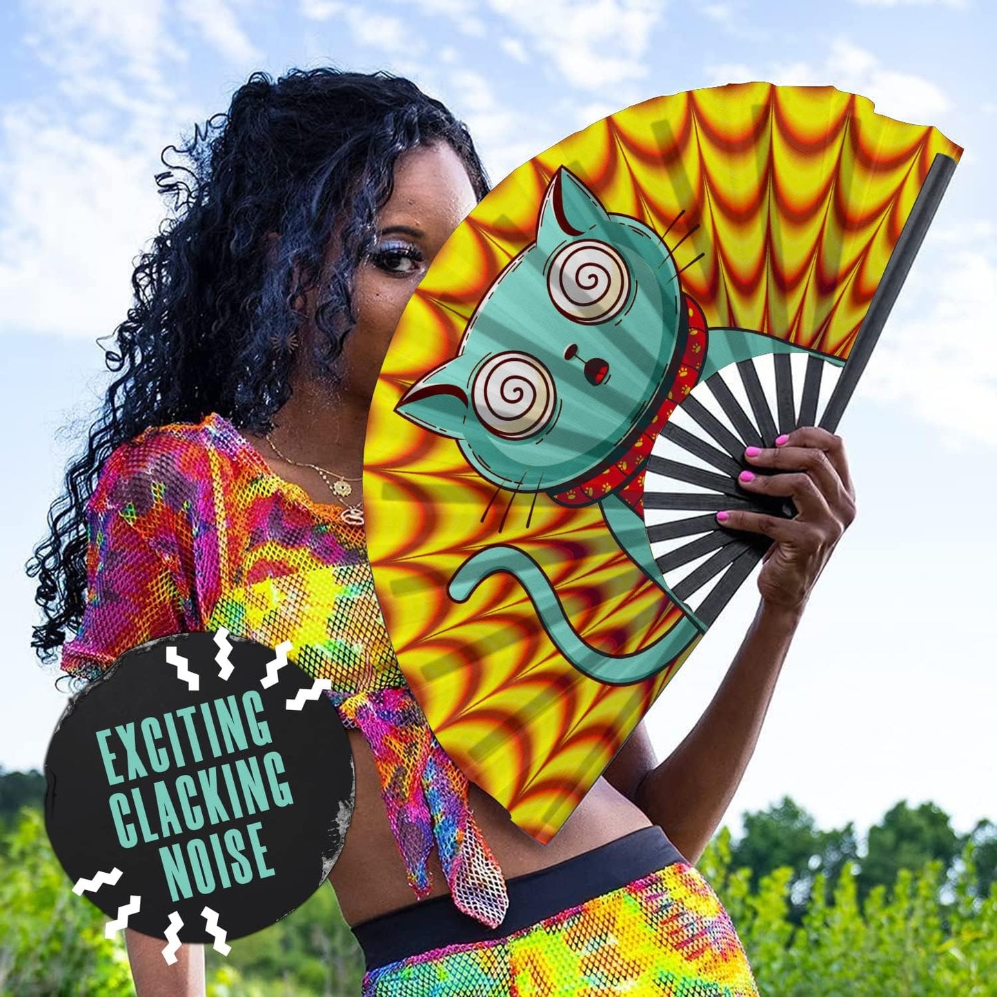 GloFX Folding Fan - Trippy Kitty - Large Rave Clack Folding Hand Fan for Men/Women - for EDM, Music Festival, Club, Event, Party, Dance, Performance, Decoration, Gift