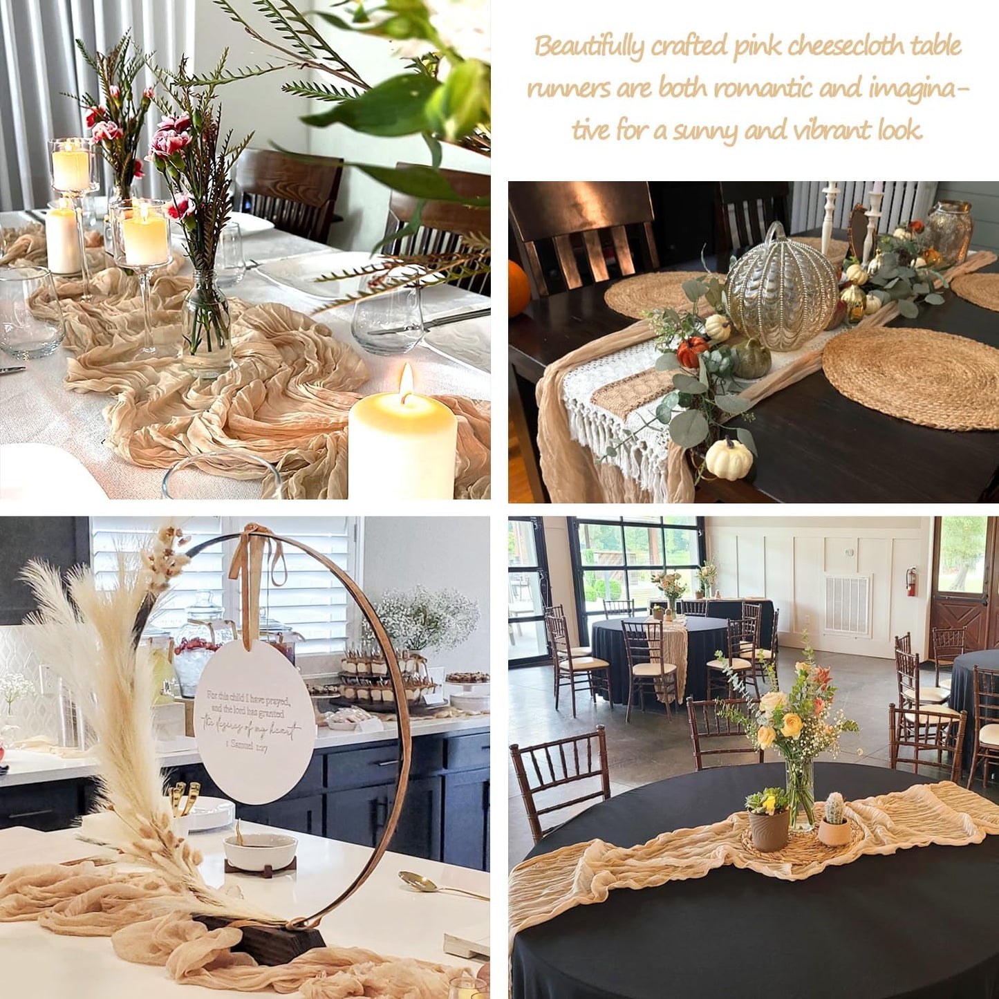 6 Pack Champagne Cheesecloth Table Runners Fall Thanksgiving Cheese Cloth Table Runner 10FT Boho Sheer Gauze Runner 35x120 Inches Long for Bridal Shower Wedding Baby Shower Party Decor