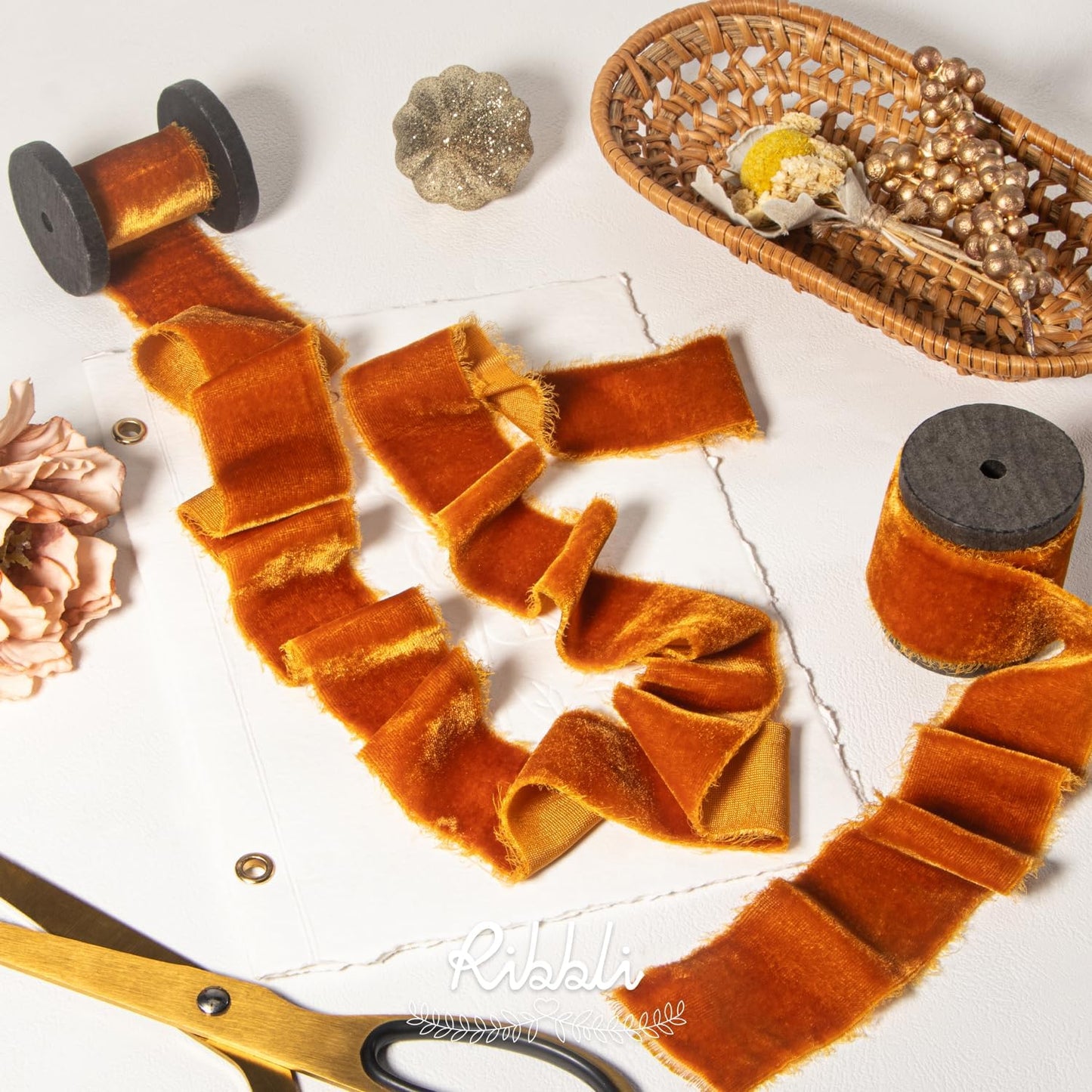 Ribbli Terracotta Velvet Ribbon 1.5 Inch Handmade Frayed Vintage Burnt Orange Christmas Ribbon for Gift Wrapping Tree Ornament Wreath Craft Home Decor -Total 3 Yards with Wooden Spool