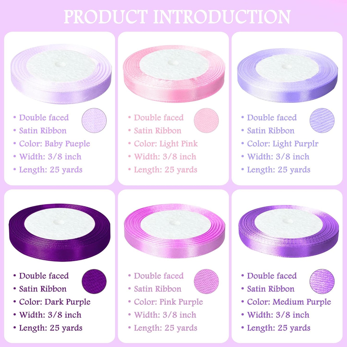 3/8" 6 Colors X 25 Yards Purple Satin Ribbon,150 Yards Assorted Colors Satin Ribbons for Flower Bouquet,Ribbons for Gift Wrapping Happy Birthday Party Decorations