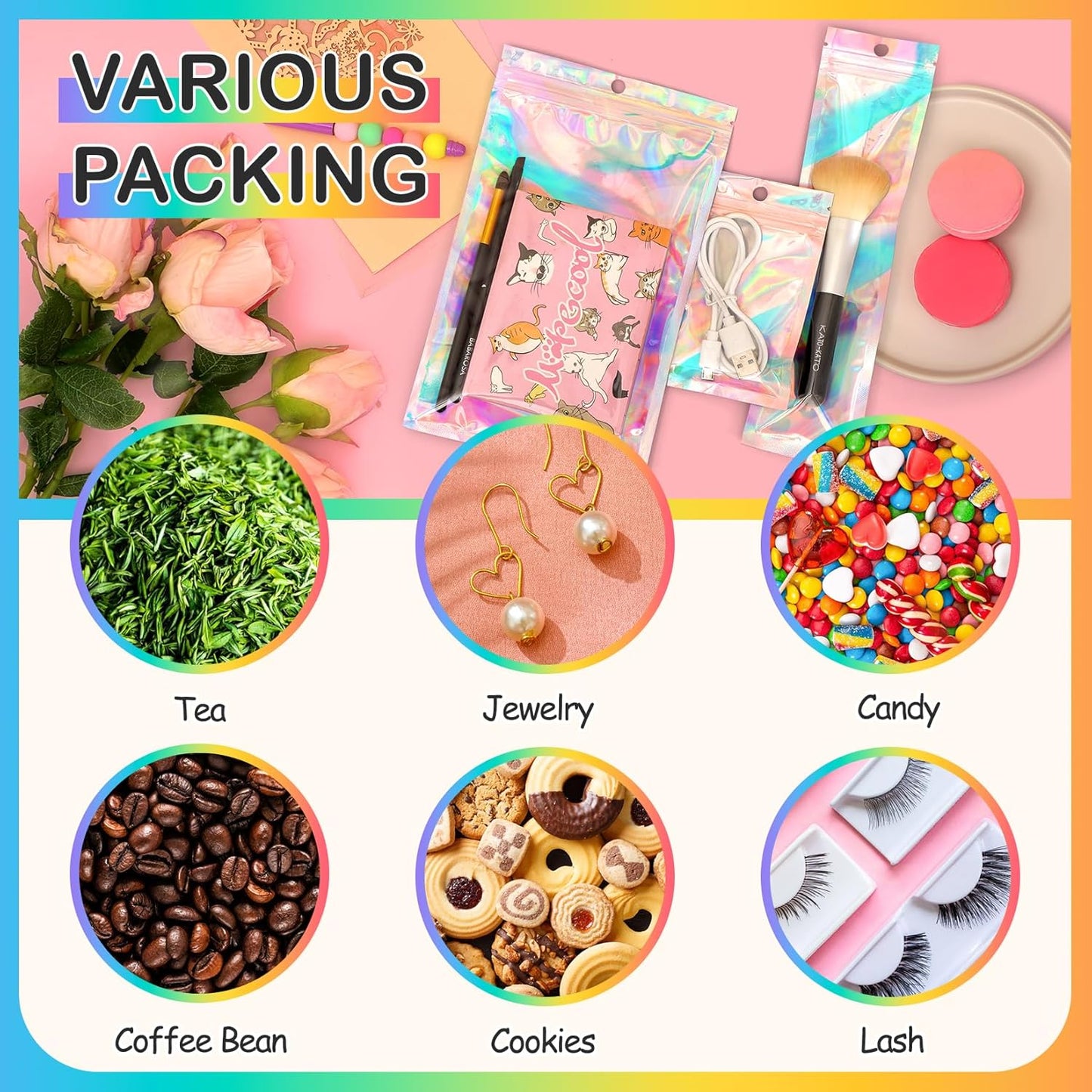 Funfery 100 Pack Smell Proof Holographic Bags Clear Resealable Bags,Mylar Foil Bag with Zipper,Seal Pouch Packaging Bag for Food Storage,Candy,Party Favor Sample Business Supplies(2.4x3.9in)