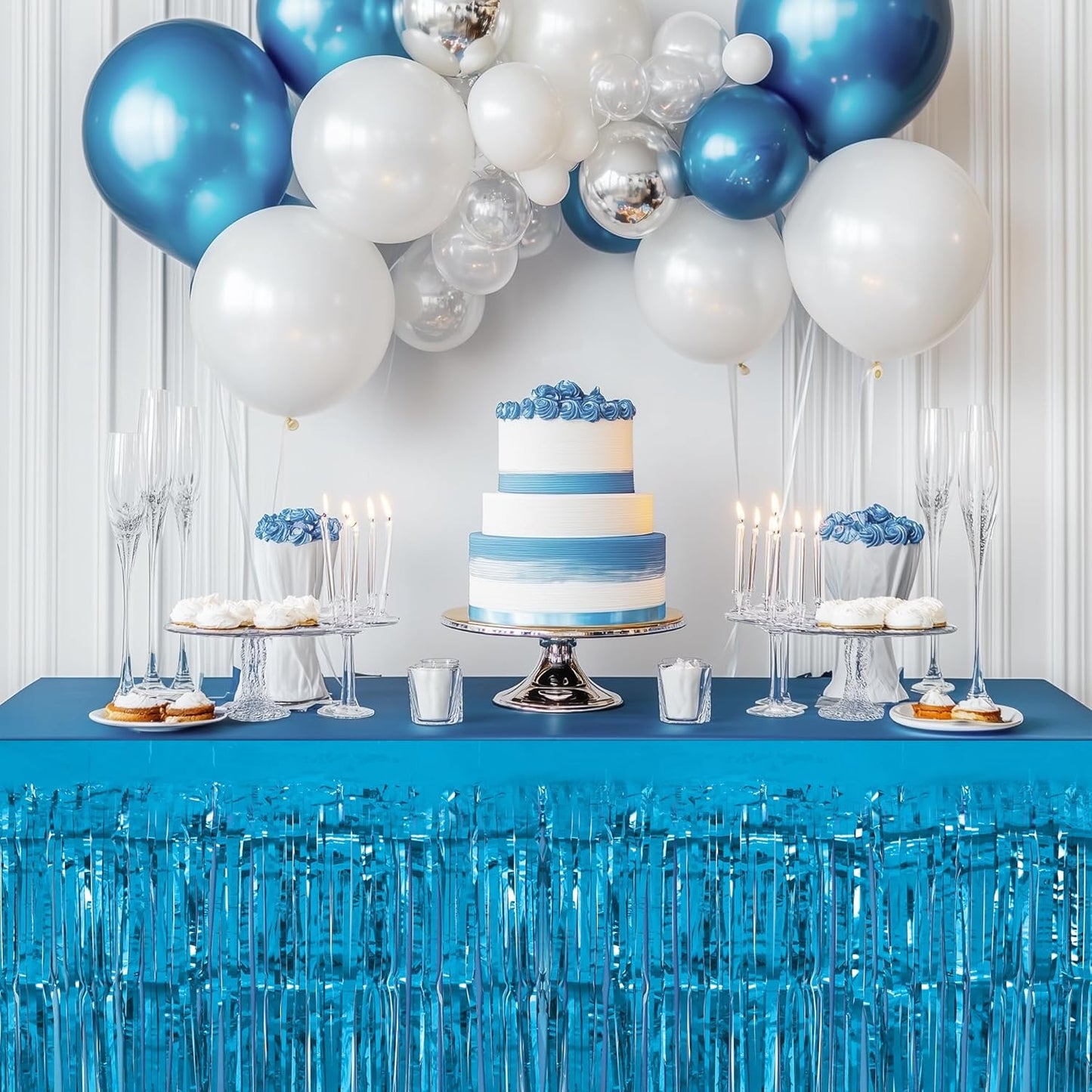4 Pack Lake Blue Table Skirts, 29x108" Metallic Foil Tinsel Fringe Table Skirts for Rectangle Tables Streamer Curtains Backdrop, Party Decorations for Birthdays Weddings Holidays