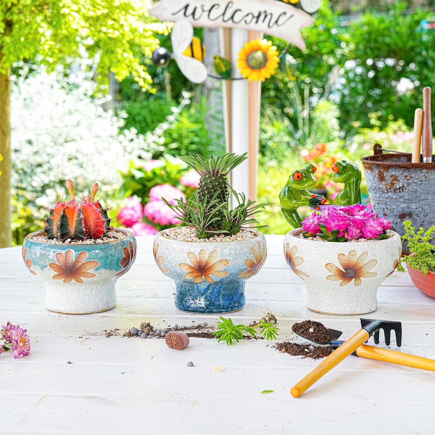 Sungmor Small Succulent Planters Set of 3, Beautiful Hand Crafted Ceramic Plant Pots Cute Cactus Pot, 4.9 Inch Flower Pots for Indoor Plants with Drainage, Desktop Windowsill Home Office Decor Pots