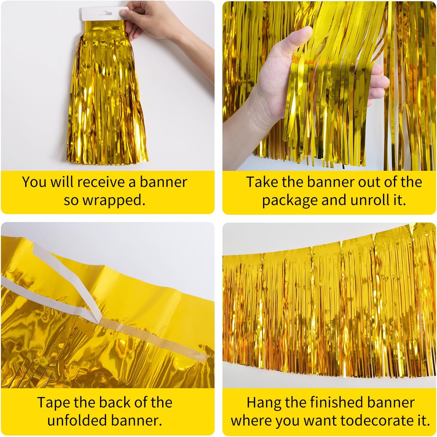 Gold Birthday Decorations Tinsel Garland Parade Float Decorations for Trailer 4Pack 12FT Christmas Party Decor Ceiling Fringe Banner Backdrop for Streamers Party Decorations