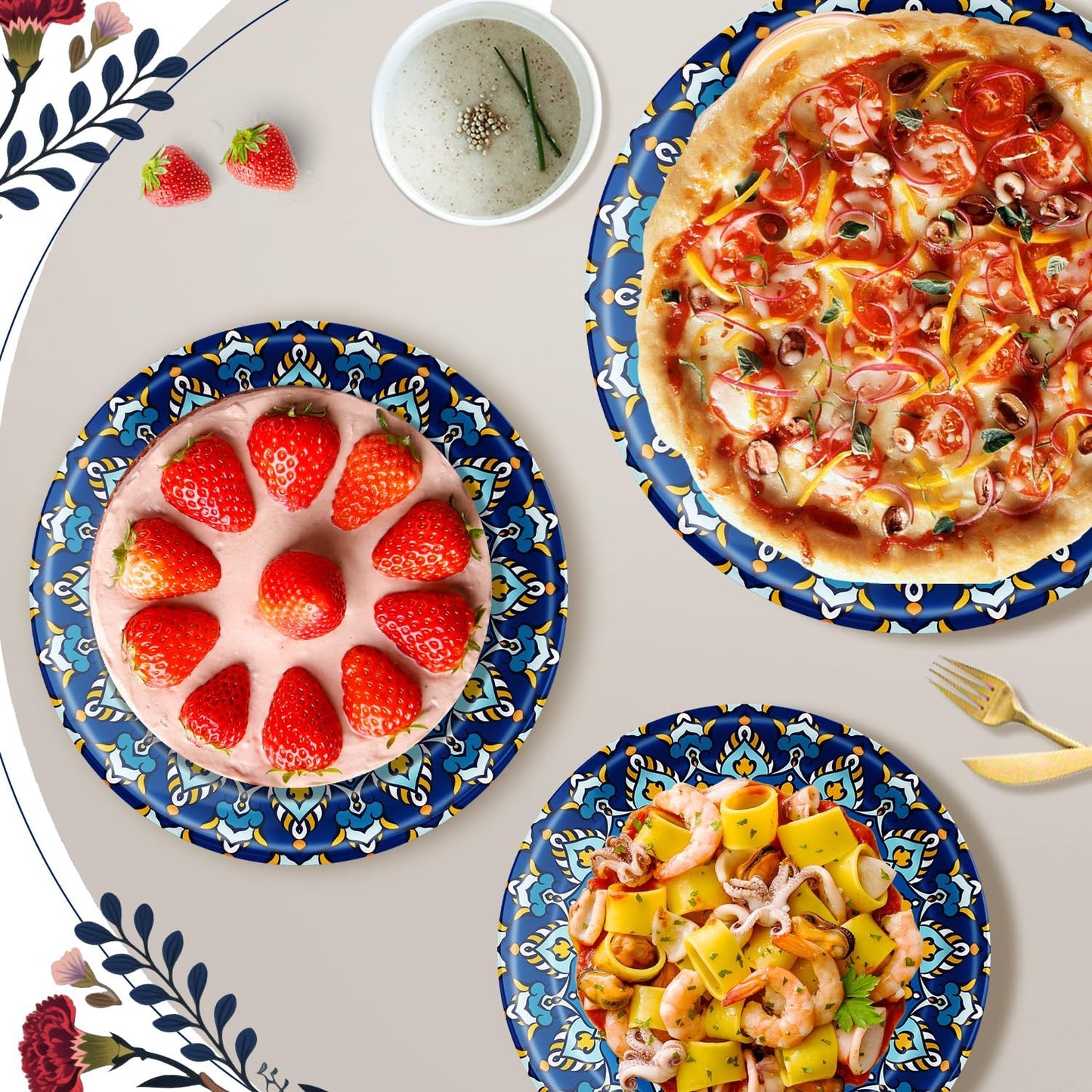 100 Count Boho Paper Plates (50×7"+ 50×9") – Disposable Plates for Party, Retro Bohemian Style Dessert Dinner Plate Set for Daily Use, Holiday, Wedding, Events