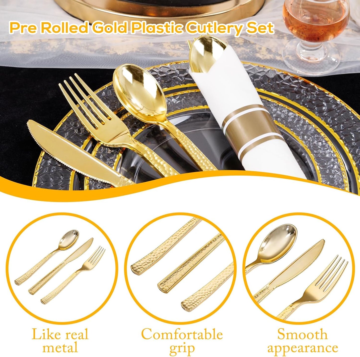 50Guests Pre Rolled Gold Plastic Silverware Sets - Heavy Duty Hammered Gold Cutlery Include 50 Pack Wrapped Disposable Utensils with Napkins for Parties, Dinners & Weddings