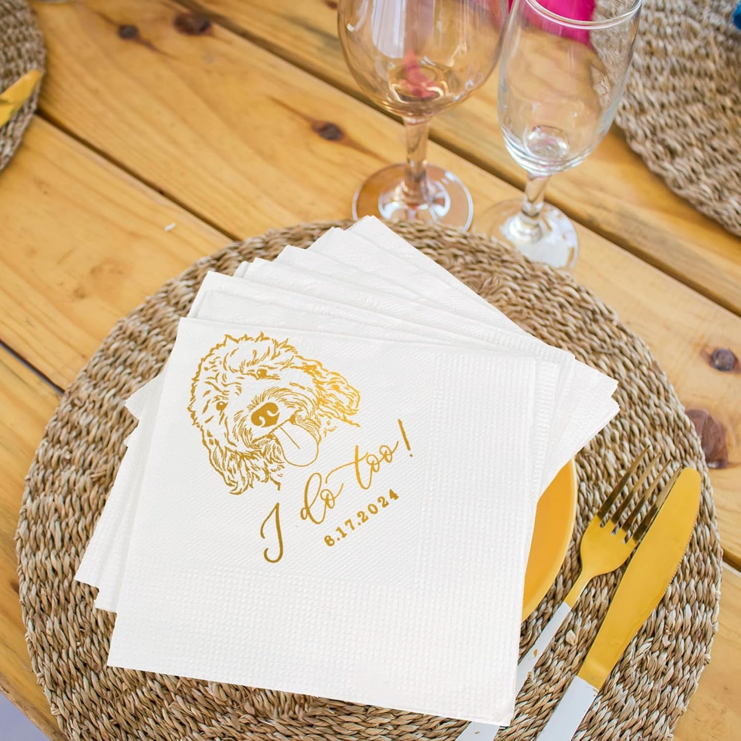Luxury Personalized Illustrated Dog Wedding Napkins, Personalized Photo Napkins for Dog, Custom Wedding Cocktail, Bridal Shower, Engagement Party