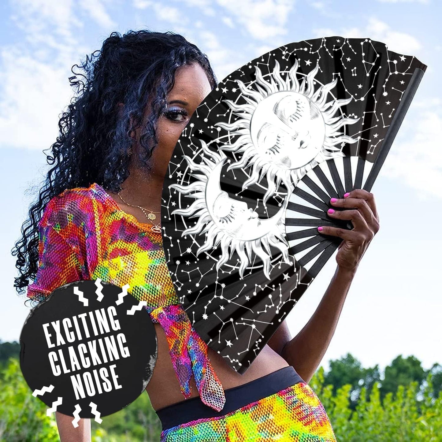 GloFX Rave Sun & Moon - Large Folding Fan - Music Festival Essential, EDM Rave Accessories, Folding Hand Fan, Clack Fan