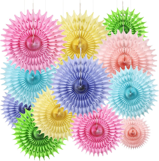 12PCS Paper Fans Pastel Rainbow Colorful Party Decorations Tissue Paper Flowers Decorations for Girl Groovy Birthday Baby Shower Wedding Bachelorette Room Wall Hanging Décor