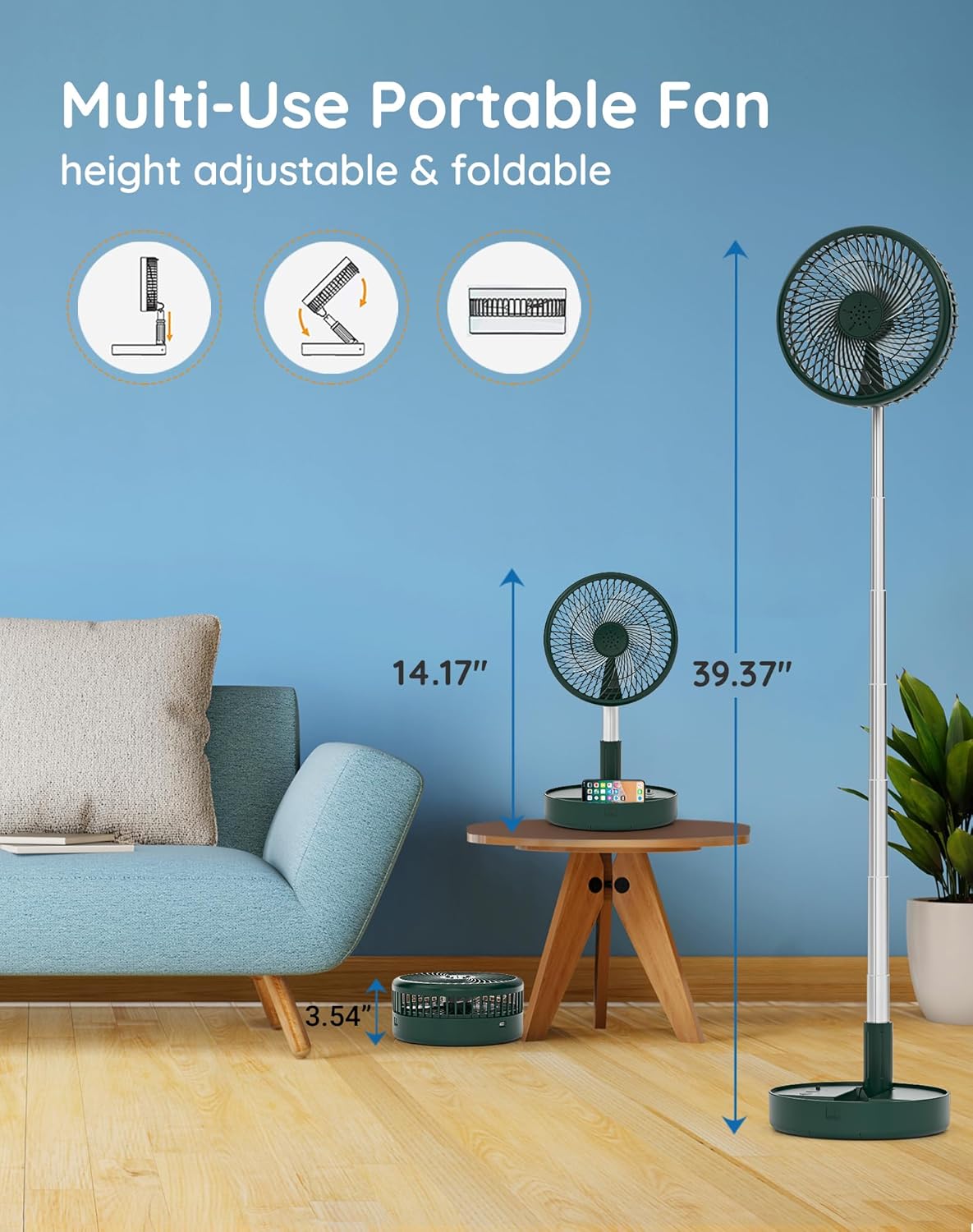 Primevolve Battery Operated Fan,Portable Rechargeable USB Floor Table Desk Fan with Adjustable Height, 4 Speed Settings Pedestal Fan for Bedroom Camping Travel,Green 7.7"