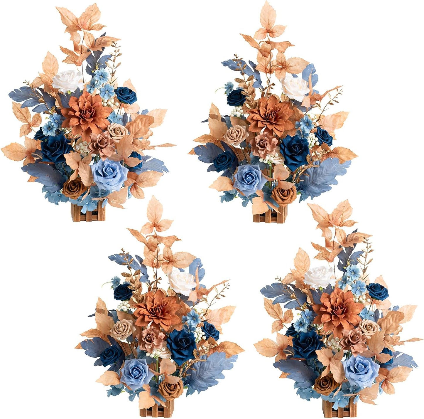 Ling's Moment 17.5" Tall Standing Artificial Flowers Arrangements 4pcs Fall Wedding Aisle Runner Chair Decorations Russet Orange & Denim Blue Centerpieces for Ceremony Reception Floral Party Outdoor