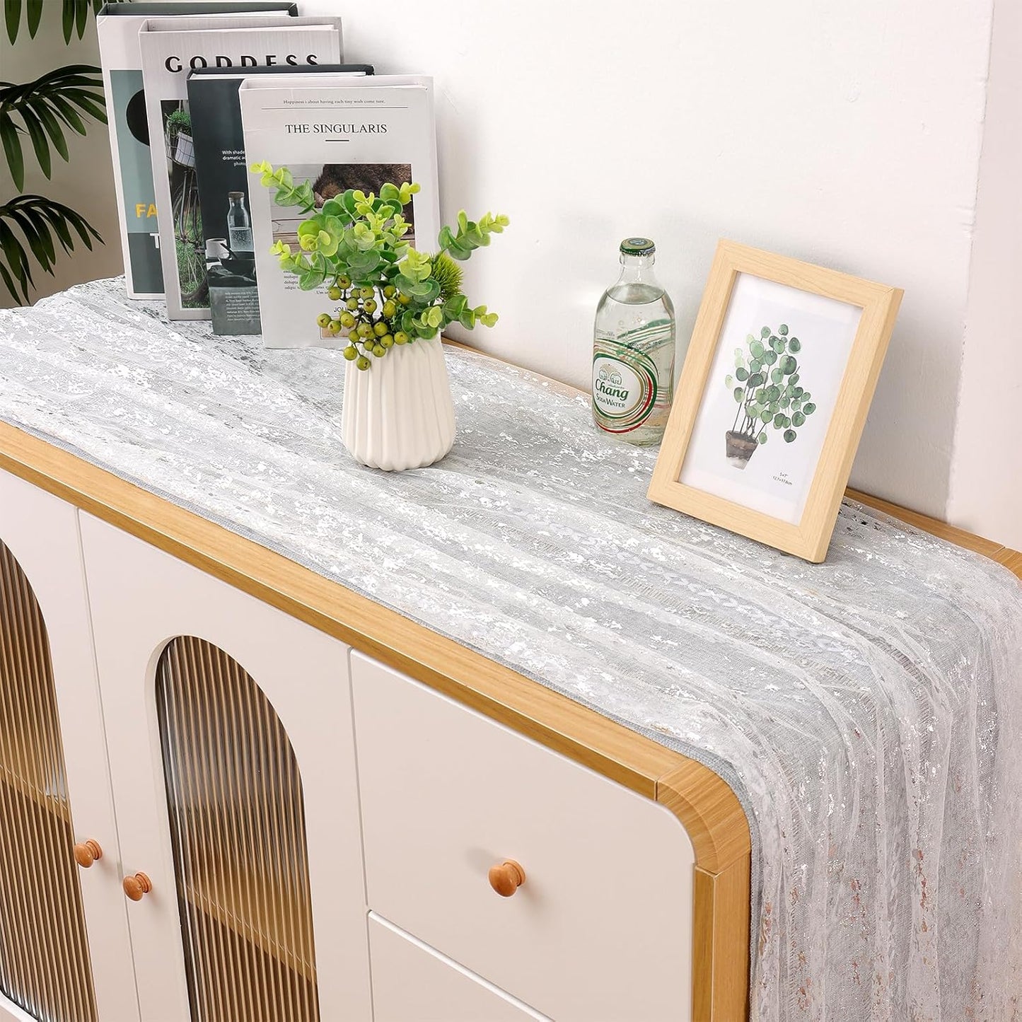 LOMOHOO 10 Ft Silver Table Runner, Silver Sheer Sequin Table Runners 120 Inches Long Glitter Metallic Foil Lace Fabric Table Decor for Birthday Party Wedding Anniversary Centerpiece (1pcs)