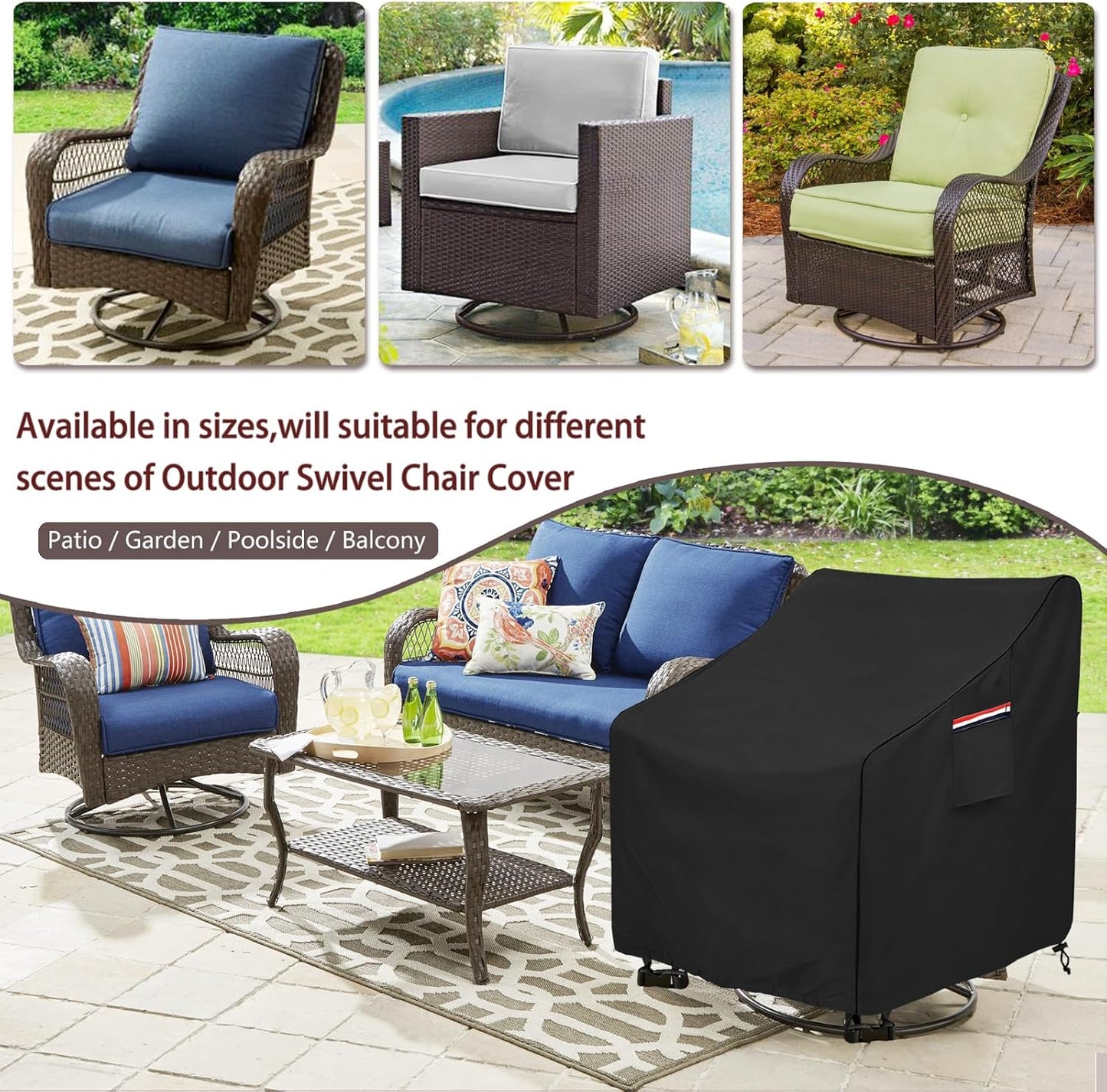 Okcool Outdoor Swivel Chair Cover 2 Pack,Outdoor Furniture Patio Chair Covers Waterproof Clearance,(33"W x 35"D x 38.5"H) Outdoor Lawn Patio Furniture Covers,Black