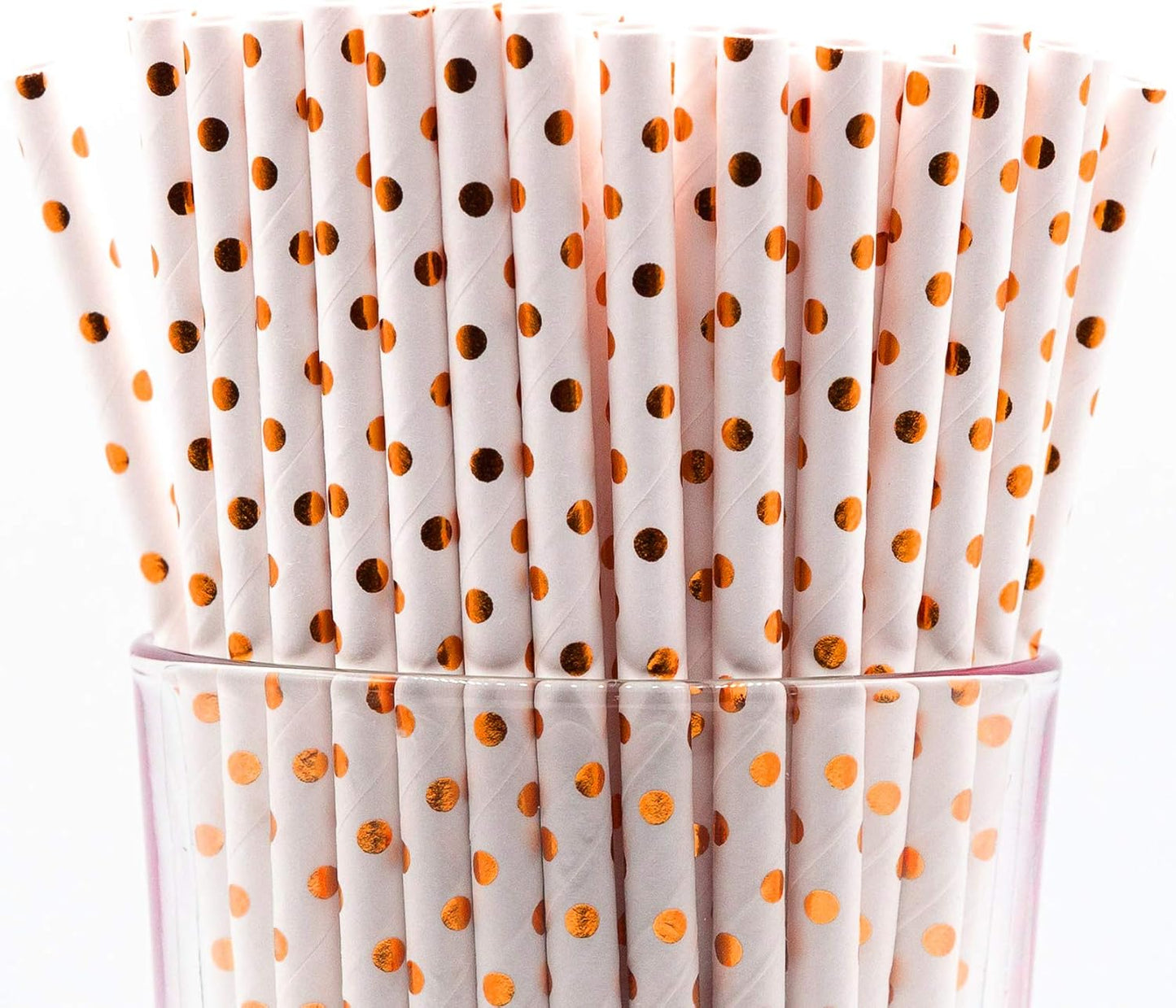 Pack of 900 Rose Gold Polka Dot Foil Biodegradable 4-Ply Paper Drinking Straws (Compostable, Non-toxic, BPA-free)