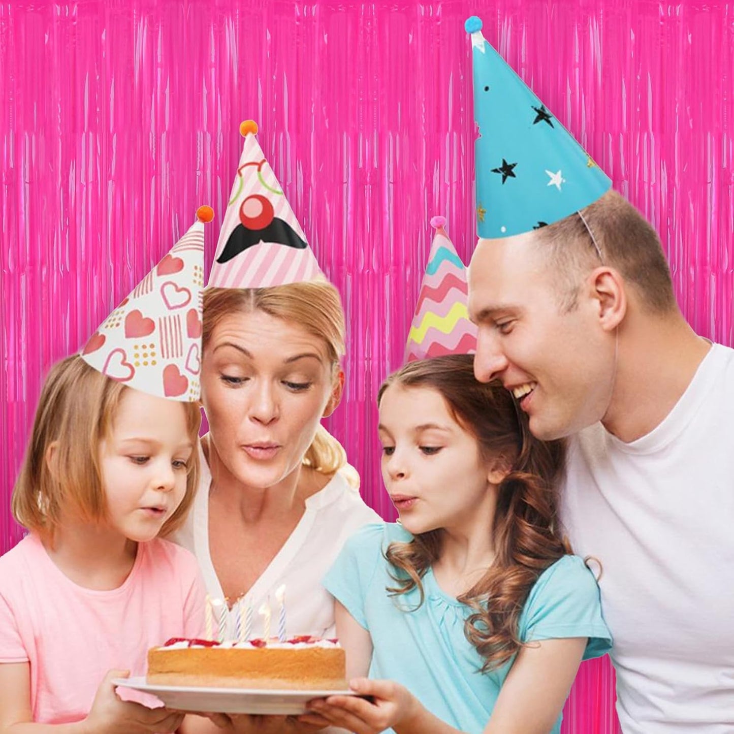 BEISHIDA 2Pcs Hot Pink Door Streamer Fluorescent Hot Pink Backdrop Blue Foil Fringe Curtains Tinsel for Birthday Baby Shower Backdrop Wedding Party Decoration (3.28 ft x 6.56 ft)