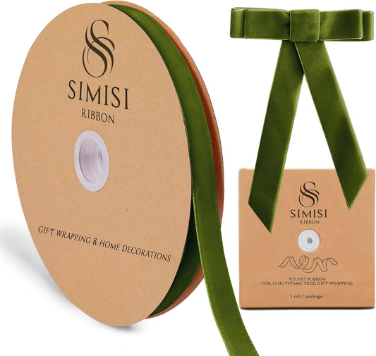 Olive Green Velvet Ribbon 5/8'' 25 Yards for Christmas Tree, Gift Wrapping, Flower Bouquet, Wreath Decorations, Bow Making