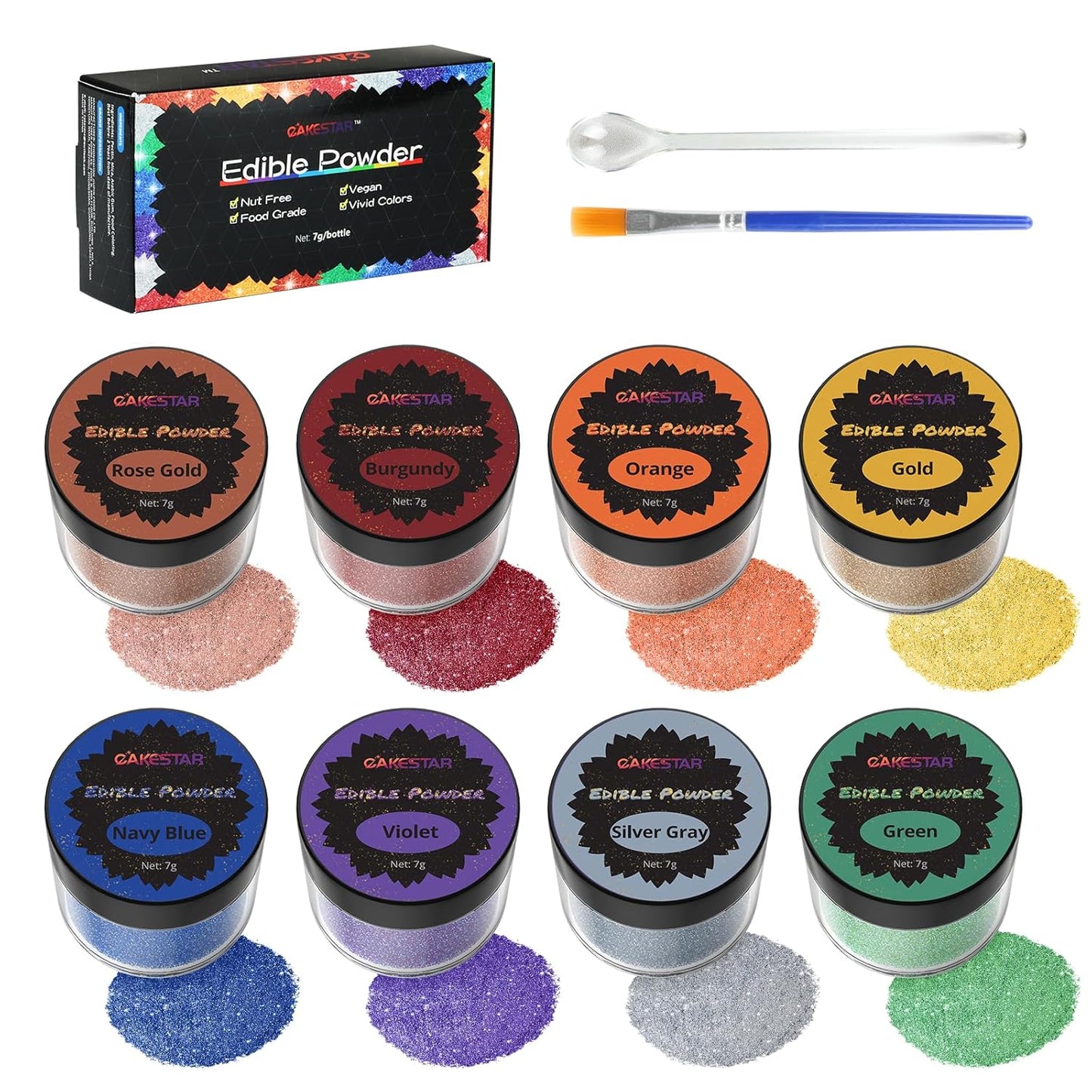 Cakestar Edible Glitter, 8 Colors Edible Luster Dust, Edible Glitters for Drinks, Food Shimmer Dust for Cookies, Cake Decorating, Strawberries, 7g/bottle